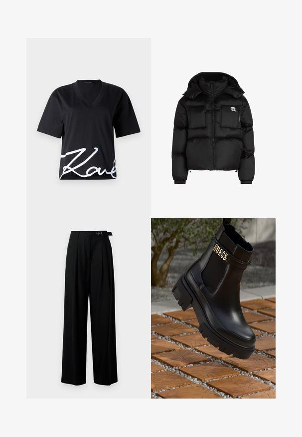 Chaqueta de plumas negra con cuello alto, cierre frontal con cremallera, dos grandes bolsillos delanteros y puños elásticos. Tela suave y brillante con capucha.; Camiseta negra de cuello en V hecha de una tela suave, con mangas cortas y una gran impresión blanca de firma en la parte inferior delantera.; Pantalones de pierna ancha negros con cintura alta, pliegues en la parte delantera y un cinturón con hebilla. Confeccionados con una tela suave y liviana.; Botín de cuero negro que presenta una suela de goma gruesa, paneles laterales elásticos y un acento dorado con la marca "GUESS".