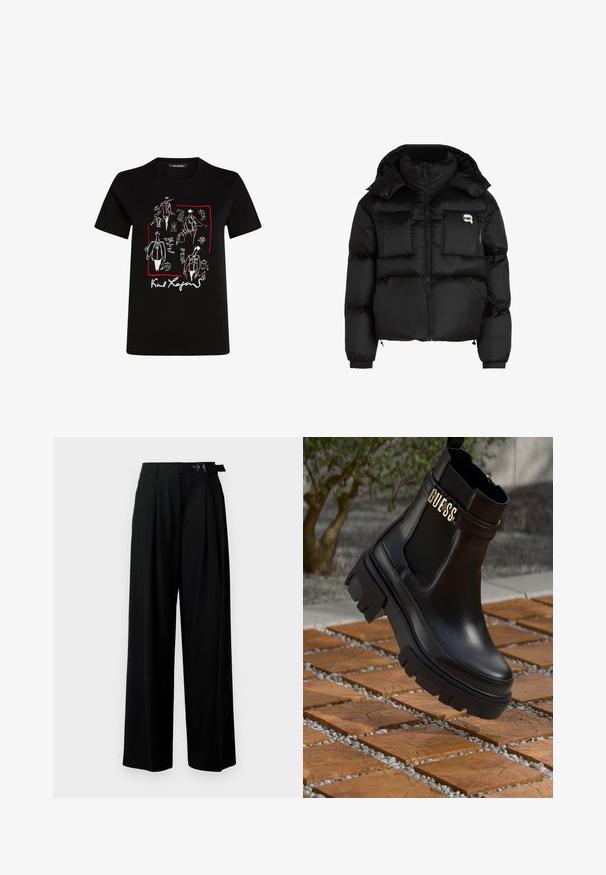 Sort oppustelig jakke med høj krave, lynlåslukning foran, to store forlommer og elastiske manchetter. Glat, blankt stof med hætte.; Sort bomulds T-shirt med modeillustrationer i hvid og rød, med en signatur nederst. Standard crew neck og korte ærmer.; Sort vide-bein bukser med høj talje, læg foran og et bælte med spænde. Fremstillet af glat, let materiale.; Sort læder ankelstøvle med kraftig gummisål, elastiske sidepaneler og en guldaccent med "GUESS" branding.