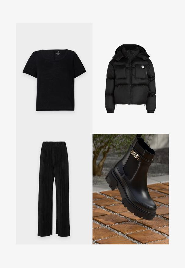 Black puffer jacket featuring a high collar, zippered front, two large front pockets, and elastic cuffs. Smooth, shiny fabric with a hood.; Black short-sleeve T-shirt with a round neckline. Made from lightweight fabric with a slightly textured finish. Features a relaxed fit.; Black pleated trousers with an elastic waistband. Features wide legs and a smooth, textured fabric with vertical stripes.; Black leather ankle boot featuring a chunky rubber sole, elastic side panels, and a gold accent with "GUESS" branding.