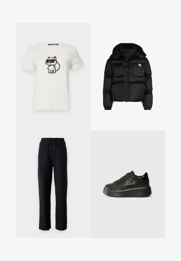 Juodas pūkinis švarkas su aukštu apykakle, užtrauktuku priekyje, dviem didelėm priekinėm kišenėm ir elastingomis rankovėmis. Lygus, blizgus audinys su kapišonu.; Baltas medvilninis marškinėliai, kuriuose pavaizduota animacinė katė su raudonais akcentais ir tamsiais akiniais. Apvalus iškirpimas ir trumpos rankovės.; Juodi sportiniai džinsai su laisvu siluetu, elastine juosmeniu, reguliuojamu raiščiu ir vertikaliomis siūlėmis palei kojas. Minkšta audinio tekstūra.; Juodi platforminiai sportbačiai su lygiu odiniu viršumi, plokščiomis raištelėmis ir išsiuvinėtu "Karl" logotipu šone. Apvalūs pirštai ir storas padas.