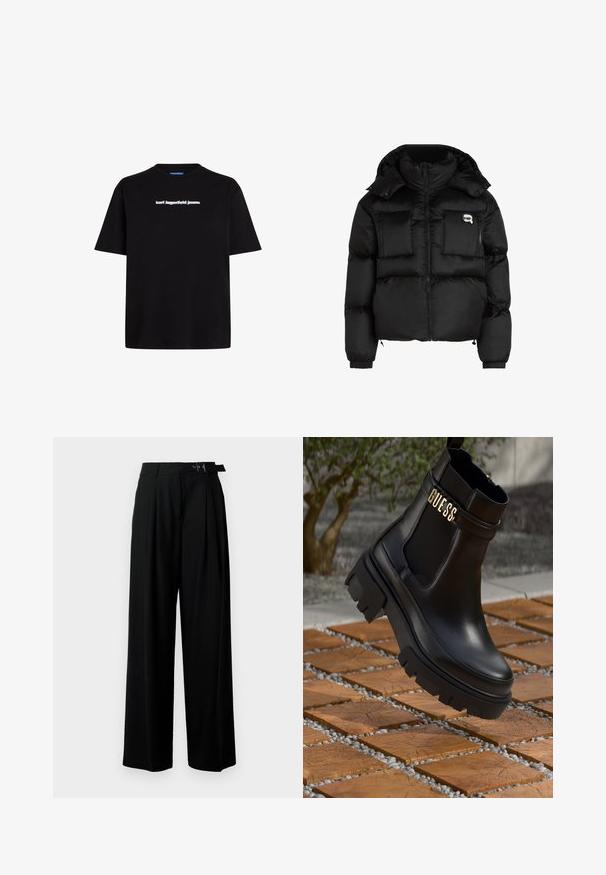 Must mustjakker, millel on kõrge krae, lukuga esiosa, kaks suurt eesmist taskut ja elastsed mansetid. Sile, läikiv kangas kapuutsiga.; Must mustriga T-särk mustast puuvillast, lühikeste varrukatega, esiosas on valge teksti logo "karl lagerfeld jeans". Ümmargune kaelus.; Mustad kõrge vöökohaga mustad laiad püksid, millel on ees voldid ja vöö, millel on pandla. Valmistatud siledast ja kergest kangast.; Must musta saapad mustast nahast, millel on paks kummist tald, elastsed külgpaneelid ja kuldne aksent "GUESS" brändingu logoga.