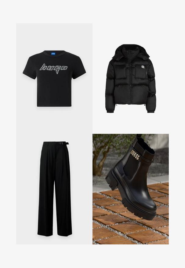 Musta pumpattu takki, jossa on korkea kaulus, vetoketjullinen etuosa, kaksi suurta etutaskua ja joustavat hihansuut. Sujuva, kiiltävä kangas huppuna.; Mustahopeat t-paita, joka on valmistettu puuvillasta ja jossa on suuri, tyylitelty valkoinen "hugo" -logo graafisella fontilla. Lyhyet hihat ja pyöreä pääntie.; Mustat leveät housut korkealla vyötäröllä, etuosassa laskokset ja soljellinen vyö. Valmistettu sileästä ja kevyestä kankaasta.; Musta nahkasaapas nilkkapituisena, jossa on paksu kumipohja, joustavat sivupaneelit ja kultainen yksityiskohta "GUESS"-brändäyksellä.