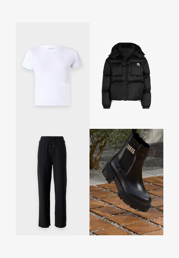 Black puffer jacket featuring a high collar, zippered front, two large front pockets, and elastic cuffs. Smooth, shiny fabric with a hood.; White short-sleeve t-shirt in cotton, round neckline, smooth texture, with a subtle curved seam detail on the front.; Black sweatpants with a relaxed fit, elastic waistband, adjustable drawstring, and vertical seams along the legs. Soft fabric texture.; Black leather ankle boot featuring a chunky rubber sole, elastic side panels, and a gold accent with "GUESS" branding.