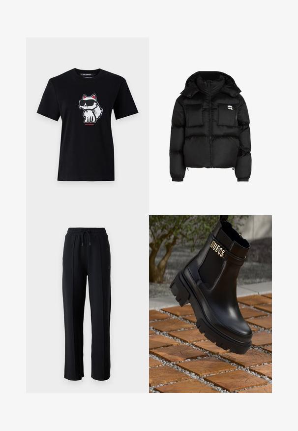 Černá péřová bunda s vysokým límcem, zapínáním na zip, dvěma velkými předními kapsami a elastickými manžetami. Hladká, lesklá látka s kapucí.; Černé bavlněné tričko s krátkým rukávem a kulatým výstřihem, na kterém je uprostřed přední strany vyobrazena karikatura lišky v brýlích, obrysována bílou barvou s červenými akcenty.; Černé tepláky s volným střihem, elastickým pasem, nastavitelnou šňůrkou a vertikálními švy podél nohavic. Měkká textilie.; Černé kožené kotníkové boty s masivní gumovou podrážkou, elastickými bočními panely a zlatým akcentem s logem "GUESS".