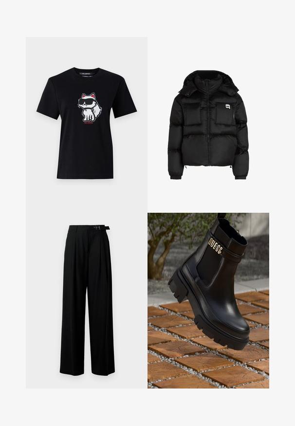 Črn puhovka z visokim ovratnikom, zadrgo spredaj, dvema velikima sprednjima žepoma in elastičnimi manšeti. Gladek, sijoč material s kapuco.; Črna bombažna majica s kratkimi rokavi, ki prikazuje risanega lisoja v sončnih očalih, obrobljenega v belem in z rdečimi poudarki, postavljena na sredini spredaj. Ovratnik v stilu crew.; Črne široke hlače z visokim pasom, gubami spredaj in pasom z zaponko. Narejene so iz gladkega, lahkega materiala.; Črne usnjene gležnarje z robustnim gumijastim podplatom, elastičnimi stranskimi ploščicami in zlatim poudarkom z znamko "GUESS".