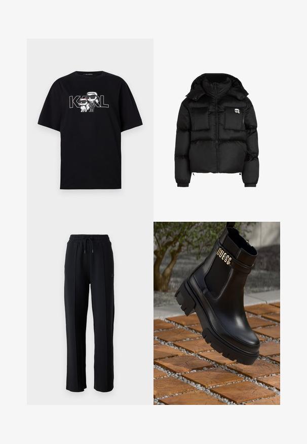 Jachetă puffer neagră, cu guler înalt, fermoar frontal, două buzunare mari în față și manșete elastice. Material neted și lucios, cu glugă.; Tricou negru din bumbac, cu un imprimeu grafic ce înfățișează două personaje de desene animate cu ochelari de soare, însoțit de textul "KARL" scris cu litere îndrăznețe.; Pantaloni de trening negri cu o croială relaxată, talie elastică, șnur reglabil și cusături verticale pe picioare. Textură de țesătură moale.; Botine negre din piele, cu o talpă groasă din cauciuc, panouri laterale elastice și un accent auriu cu brandingul "GUESS".