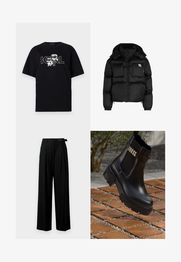 Must mustjakker, millel on kõrge krae, lukuga esiosa, kaks suurt eesmist taskut ja elastsed mansetid. Sile, läikiv kangas kapuutsiga.; Must musta t-särk, millel on graafiline trükk kahest karikatuurikujudest prillidega, koos tekstiga "KARL" paksude tähtedega.; Mustad kõrge vöökohaga mustad laiad püksid, millel on ees voldid ja vöö, millel on pandla. Valmistatud siledast ja kergest kangast.; Must musta saapad mustast nahast, millel on paks kummist tald, elastsed külgpaneelid ja kuldne aksent "GUESS" brändingu logoga.