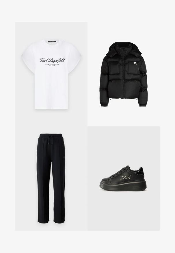 Chaqueta de plumas negra con cuello alto, cierre frontal con cremallera, dos grandes bolsillos delanteros y puños elásticos. Tela suave y brillante con capucha.; Camiseta de algodón blanca con mangas cortas y enrolladas. Presenta texto en negro: "Karl Lagerfeld 21 RUE ST-GUILLAUME PARÍS" en el frontal.; Pantalones de chándal negros con un corte relajado, cinturilla elástica, cordón ajustable y costuras verticales a lo largo de las piernas. Textura de tela suave.; Zapatillas de plataforma negras con parte superior de cuero suave, cordones planos y logo bordado "Karl" en el lateral. Punta redondeada y suela gruesa.