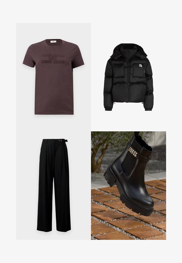 Svart pufferjakke med høy krage, glidelås foran, to store frontlommer og elastiske mansjetter. Glatt, blankt stoff med hette.; Mørk lilla bomulls t-skjorte med korte ermer, med et teksturert logodesign i midten. Rund hals og mykt stoff.; Svarte vide bukser med høy livlinje, folder foran og belte med spenne. Laget av glatt, lett materiale.; Svarte lær ankelstøvler med en kraftig gummisåle, elastiske sidestykker og et gullfarget detalj med "GUESS"-merke.