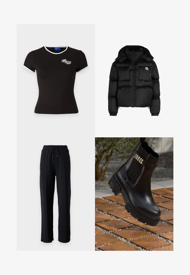 Juodas pūkinis švarkas su aukštu apykakle, užtrauktuku priekyje, dviem didelėm priekinėm kišenėm ir elastingomis rankovėmis. Lygus, blizgus audinys su kapišonu.; Juodas prigludęs marškinėliai trumpomis rankovėmis, balta apykakle ir rankovių akcentais, su grafiniu logotipu priekyje. Lygus audinio paviršius.; Juodi sportiniai džinsai su laisvu siluetu, elastine juosmeniu, reguliuojamu raiščiu ir vertikaliomis siūlėmis palei kojas. Minkšta audinio tekstūra.; Juodos odinės kulkšninių botai su masyviu guminiu padu, elastinėmis šoninėmis detalėmis ir auksine akcento detalė su "GUESS" ženklu.