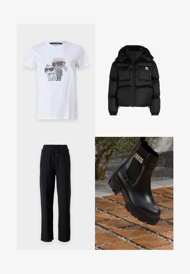 Casaco puffer preto com gola alta, fecho zip, dois bolsos grandes à frente e punhos elásticos. Tecido liso e brilhante com capuz.; T-shirt de algodão branca com um design gráfico apresentando um personagem e um gato a usar óculos de sol, realçado com detalhes em preto e cinza.; Calças de fato pretas com um corte relaxado, cinta elástica na cintura, cordão ajustável e costuras verticais nas pernas. Textura de tecido suave.; Bota de tornozelo em couro preto com sola de borracha robusta, painéis laterais elásticos e um detalhe em dourado com a marca "GUESS".