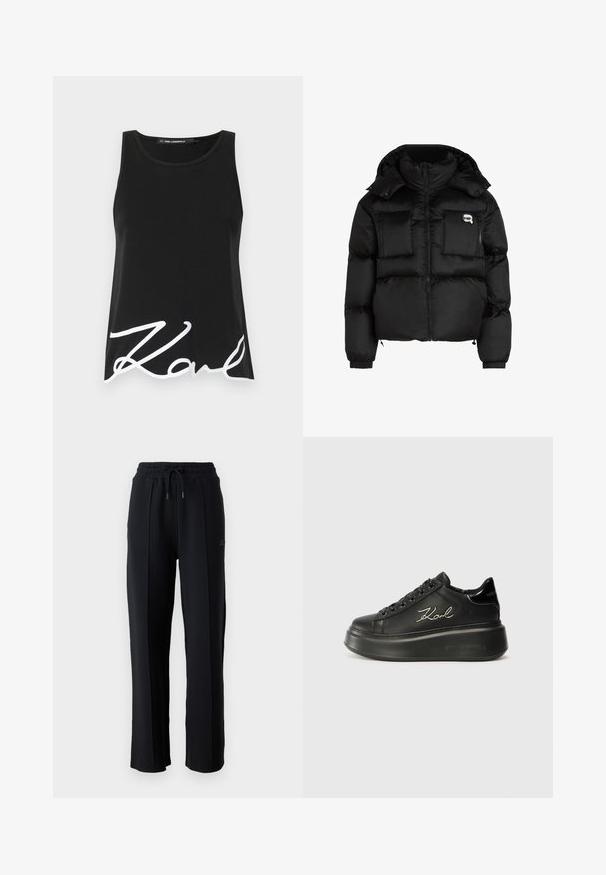 Svart pufferjakke med høy krage, glidelås foran, to store frontlommer og elastiske mansjetter. Glatt, blankt stoff med hette.; Svart tank topp laget av glatt stoff med bred utringning og en stor hvit signaturtrykk på nederste front.; Svarte joggebukser med avslappet passform, elastisk midje, justerbar snøring og vertikale sømmer langs beina. Myk stofftekstur.; Sorte plattform sneakers med en glatt skinnoverdel, flate lisser og brodert "Karl"-logo på siden. Rund tå og tykk såle.