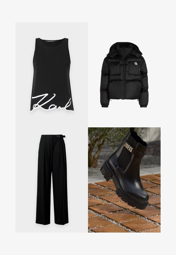 Svart pufferjakke med høy krage, glidelås foran, to store frontlommer og elastiske mansjetter. Glatt, blankt stoff med hette.; Svart tank topp laget av glatt stoff med bred utringning og en stor hvit signaturtrykk på nederste front.; Svarte vide bukser med høy livlinje, folder foran og belte med spenne. Laget av glatt, lett materiale.; Svarte lær ankelstøvler med en kraftig gummisåle, elastiske sidestykker og et gullfarget detalj med "GUESS"-merke.