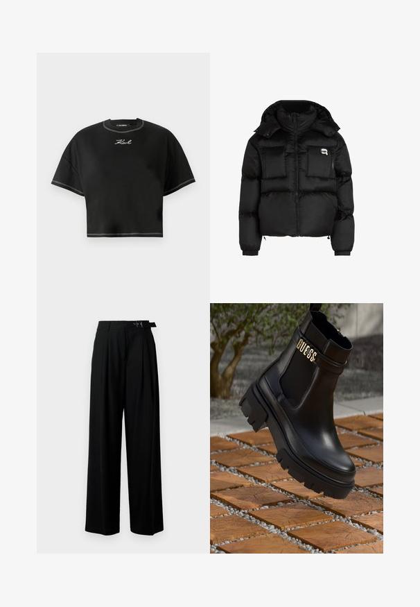 Svart pufferjacka med hög krage, zippered front, två stora framfickor och elastiska ärmslut. Slät, glänsande tyg med huva.; Svart kort t-shirt gjord av mjukt tyg. Har rund halsringning, oversized korta ärmar och vit kontrastsöm. Logotyp broderad framtill.; Svarta byxor med vida ben och hög midja, med veck framtill och ett bälte med spänne. Tillverkade av ett mjukt, lätt tyg.; Svart läderankelsko med en kraftig gummisul, elastiska sidopaneler och en guldfinish med "GUESS"-logotyp.