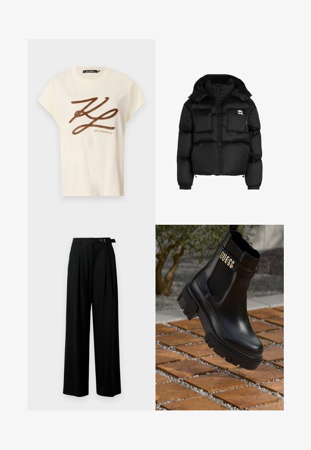 Čierna prešívaná bunda s vysokým golierom, so zipsom vpredu, dvoma veľkými prednými vreckami a elastickými manžetami. Hladká, lesklá tkanina s kapucňou.; Krémové bavlnené tričko s krátkymi rukávmi, na prednej strane s hnedou vyšitou šedou nášivkou a nápisom.; Čierne široké nohavice s vysokým pásom, skladmi vpredu a opaskom s prackou. Vyrobené z hladkej, ľahkej textílie.; Čierne kožené členkové topánky s masívnou gumovou podrážkou, elastickými bočnými panelmi a zlatým akcentom s logom "GUESS".