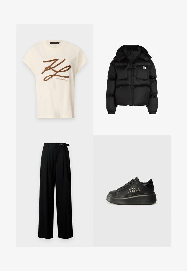 Svart pufferjakke med høy krage, glidelås foran, to store frontlommer og elastiske mansjetter. Glatt, blankt stoff med hette.; Kremfarget bomull T-skjorte med korte ermer, med en brun brodert logo og skriftdesign på fronten.; Svarte vide bukser med høy livlinje, folder foran og belte med spenne. Laget av glatt, lett materiale.; Sorte plattform sneakers med en glatt skinnoverdel, flate lisser og brodert "Karl"-logo på siden. Rund tå og tykk såle.