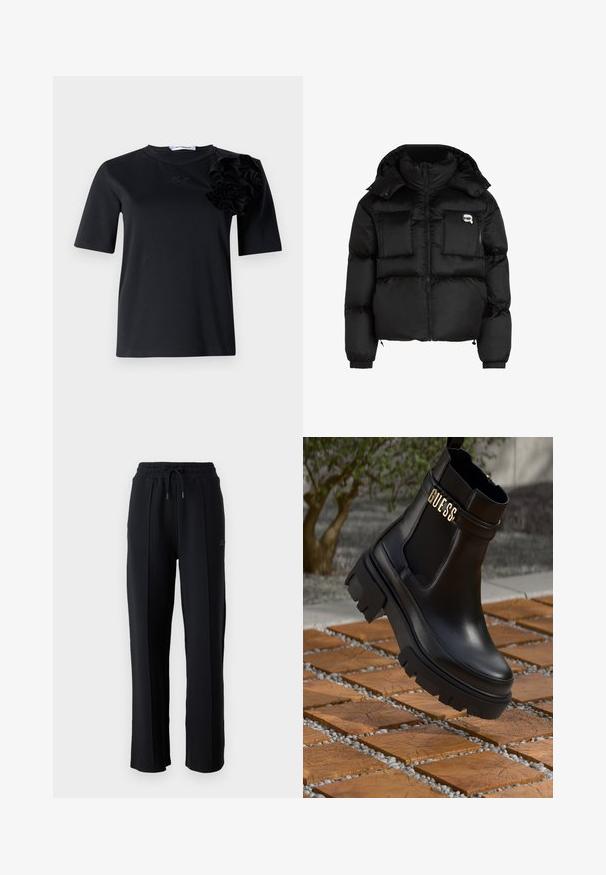 Melna pūķa jaka ar augstu apkakli, ar rāvējslēdzēju priekšpusē, divām lielām priekšējām kabatām un elastīgām aprocēm. Gluda, spīdīga auduma jaka ar kapuci.; Melnas īsām piedurknēm T-krekls, kas izgatavots no gludas auduma. Tam ir teksturēta zieda akcenta detaļa kreisajā plecā un diskrēts logo izšuvums.; Melni sporta bikses ar brīvu piegriezumu, elastīgu jostasvieta, regulējamu auklu un vertikālām šuvēm gar kājām. Mīksta auduma tekstūra.; Melna ādas potīšu zābaku ar masīvu gumijas zoli, elastīgām sānu paneļiem un zelta akcents ar "GUESS" zīmola nosaukumu.