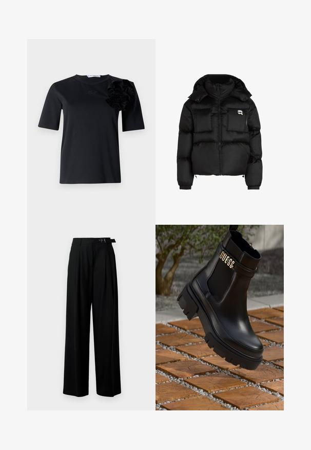 Must mustjakker, millel on kõrge krae, lukuga esiosa, kaks suurt eesmist taskut ja elastsed mansetid. Sile, läikiv kangas kapuutsiga.; Musta lühikeste varrukatega T-särk sujuvast kangast. Vasakul õlal on tekstuuriga kanga lilledega aksent ning peene logo tikand.; Mustad kõrge vöökohaga mustad laiad püksid, millel on ees voldid ja vöö, millel on pandla. Valmistatud siledast ja kergest kangast.; Must musta saapad mustast nahast, millel on paks kummist tald, elastsed külgpaneelid ja kuldne aksent "GUESS" brändingu logoga.