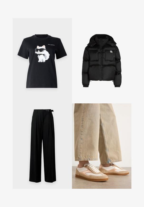Svart pufferjakke med høy krage, glidelås foran, to store frontlommer og elastiske mansjetter. Glatt, blankt stoff med hette.; Svart bomull t-skjorte med grafikk av en hvit katt som har solbriller på. Designet inkluderer subtile detaljer og teksten "KARL LAGERFELD."; Svarte vide bukser med høy livlinje, folder foran og belte med spenne. Laget av glatt, lett materiale.; Tan og krem sneakers med en design i semsket skinn og mesh, med snøring og gummisåler, paret med tan vide bukser.