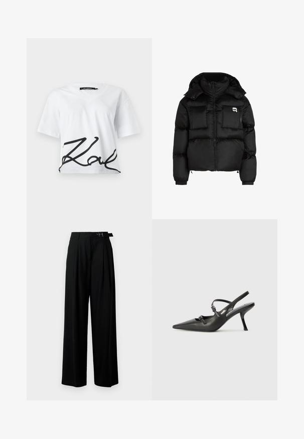 Black puffer jacket featuring a high collar, zippered front, two large front pockets, and elastic cuffs. Smooth, shiny fabric with a hood.; White cropped t-shirt with a v-neck and short sleeves. Features a large black cursive logo across the lower front. Made of cotton.; Black wide-leg trousers with a high waist, pleats at the front, and a belt featuring a buckle. Made from smooth, lightweight fabric.; Black leather slingback heels with a pointed toe, slender heel, and decorative buckle detail on the vamp. Smooth texture and sleek design.