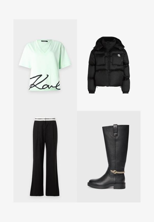 Must mustjakker, millel on kõrge krae, lukuga esiosa, kaks suurt eesmist taskut ja elastsed mansetid. Sile, läikiv kangas kapuutsiga.; Mintr roheline puuvillane T-särk V-kujuga kaelusega ja lühikeste varrukatega, mille allosas on suur must kiri.; Mustad püksid, millel on mugav lõige, valge elastse vöökohtaga, millel on kaubamärgi logo. Valmistatud siledast kangast, millel on kerge läige.; Must muste kneepikad mustad nahast saapad tekstureeritud viimistlusega, kaunistatud dekoratiivse kuldse äärisega ja tasase kummist tallaga.