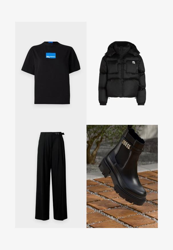 Svart pufferjakke med høy krage, glidelås foran, to store frontlommer og elastiske mansjetter. Glatt, blankt stoff med hette.; Svart bomulls T-skjorte med rund hals, med en blå rektangulær grafisk logo merket "KARL LAGERFELD JEANS" på forsiden.; Svarte vide bukser med høy livlinje, folder foran og belte med spenne. Laget av glatt, lett materiale.; Svarte lær ankelstøvler med en kraftig gummisåle, elastiske sidestykker og et gullfarget detalj med "GUESS"-merke.