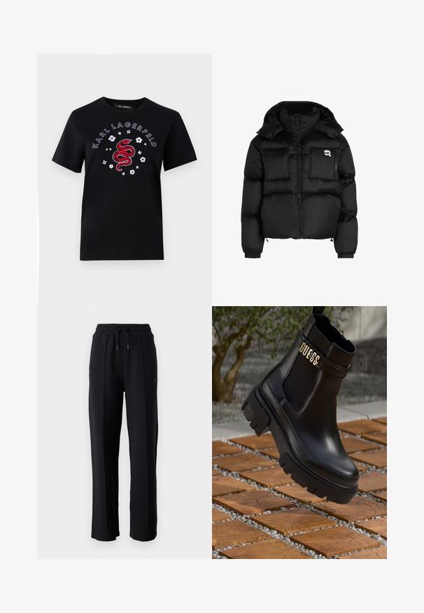 Chaqueta de plumas negra con cuello alto, cierre frontal con cremallera, dos grandes bolsillos delanteros y puños elásticos. Tela suave y brillante con capucha.; Camiseta de algodón negra con un diseño de serpiente roja, flores blancas y el texto "KARL LAGERFELD" en un diseño circular. Manga corta, cuello redondo.; Pantalones de chándal negros con un corte relajado, cinturilla elástica, cordón ajustable y costuras verticales a lo largo de las piernas. Textura de tela suave.; Botín de cuero negro que presenta una suela de goma gruesa, paneles laterales elásticos y un acento dorado con la marca "GUESS".