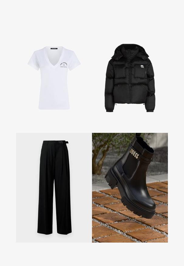 Črn puhovka z visokim ovratnikom, zadrgo spredaj, dvema velikima sprednjima žepoma in elastičnimi manšeti. Gladek, sijoč material s kapuco.; Bela bombažna majica s kratkimi rokavi in V-izrezom, s črnim potiskanim logotipom na levem prsnem delu in na spodnjem hrbtu.; Črne široke hlače z visokim pasom, gubami spredaj in pasom z zaponko. Narejene so iz gladkega, lahkega materiala.; Črne usnjene gležnarje z robustnim gumijastim podplatom, elastičnimi stranskimi ploščicami in zlatim poudarkom z znamko "GUESS".