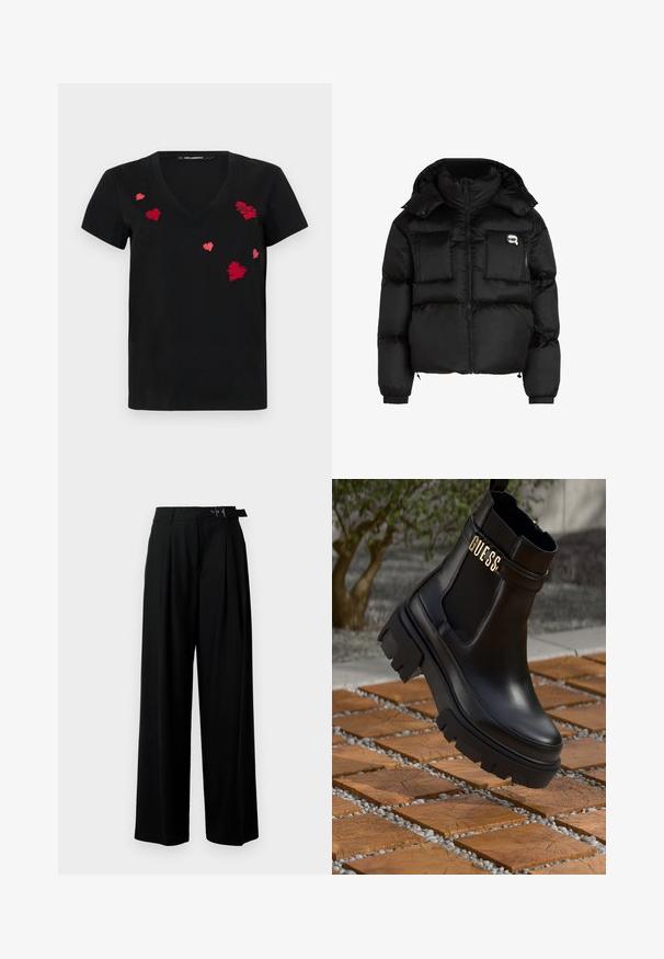 Juodas pūkinis švarkas su aukštu apykakle, užtrauktuku priekyje, dviem didelėm priekinėm kišenėm ir elastingomis rankovėmis. Lygus, blizgus audinys su kapišonu.; Juodas medvilninis marškinėliai su V formos iškirpte ir trumpomis rankovėmis, dekoruoti raudonais siuviniais, išdėstytais ant priekinės dalies.; Juodos plačios kojų kelnės su aukštu liemeniu, priekinėmis klostėmis ir diržu su sagtimi. Pagamintos iš lygaus, lengvo audinio.; Juodos odinės kulkšninių botai su masyviu guminiu padu, elastinėmis šoninėmis detalėmis ir auksine akcento detalė su "GUESS" ženklu.