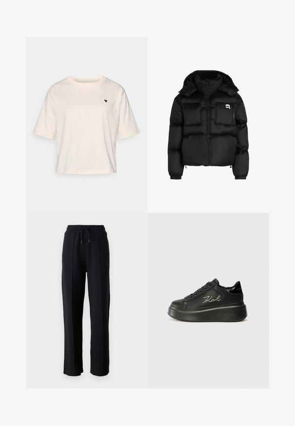 Črn puhovka z visokim ovratnikom, zadrgo spredaj, dvema velikima sprednjima žepoma in elastičnimi manšeti. Gladek, sijoč material s kapuco.; Svetlo bež skrajšana majica iz bombaža. Ima kratke rokave in majhen trikotni logo na levem prsnem delu. Enostaven dizajn, sproščen kroj.; Črne trenirke z udobnim krojem, elastičnim pasom, nastavljivim vrvico in vertikalnimi šivi ob nogah. Mehka tekstura tkanine.; Črne platformske superge z gladkim usnjenim zgornjim delom, ravnimi vezalkami in vezanim logotipom "Karl" na strani. Okrogla špica in debel podplat.