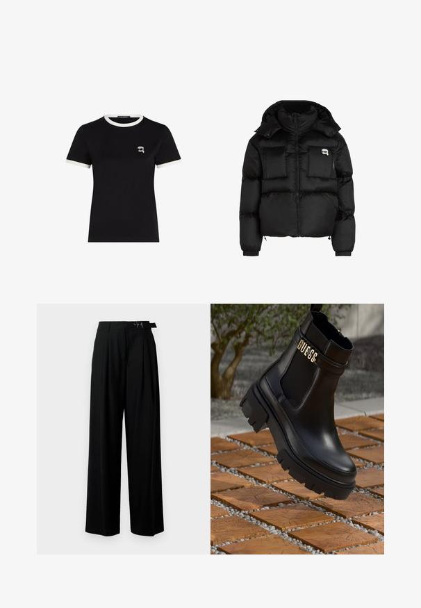 Giacca a vento nera con collo alto, zip frontale, due grandi tasche anteriori e polsini elasticizzati. Tessuto liscio e lucido con cappuccio.; Maglietta nera a maniche corte in cotone, con colletto a coste bianco a contrasto e un piccolo design ricamato sul petto.; Pantaloni neri a gamba larga con vita alta, pieghe nella parte anteriore e una cintura con fibbia. Realizzati in tessuto liscio e leggero.; Stivale alla caviglia in pelle nera con suola in gomma spessa, pannelli laterali in elastico e un accento dorato con il marchio "GUESS".