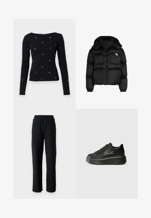 Svart pufferjakke med høy krage, glidelås foran, to store frontlommer og elastiske mansjetter. Glatt, blankt stoff med hette.; Svart langermet topp laget av mykt stoff, med rund hals og spredte rhinestone-bokstaver "A," "K," og "L" over hele toppen.; Svarte joggebukser med avslappet passform, elastisk midje, justerbar snøring og vertikale sømmer langs beina. Myk stofftekstur.; Sorte plattform sneakers med en glatt skinnoverdel, flate lisser og brodert "Karl"-logo på siden. Rund tå og tykk såle.