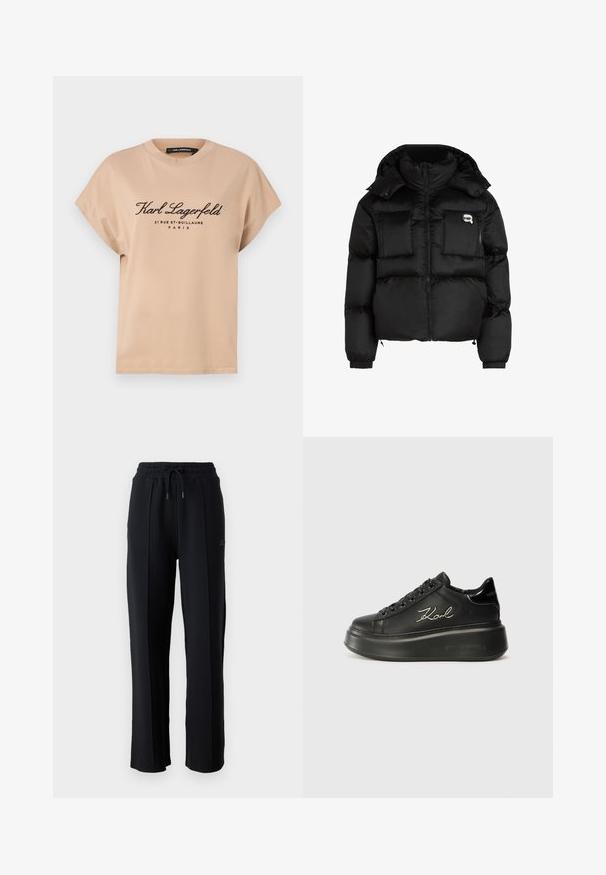 Černá péřová bunda s vysokým límcem, zapínáním na zip, dvěma velkými předními kapsami a elastickými manžetami. Hladká, lesklá látka s kapucí.; Beige bavlněné tričko s kulatým výstřihem a krátkými rukávy, s potiskem černého textu na přední straně, obsahující název značky a detaily o lokalitě.; Černé tepláky s volným střihem, elastickým pasem, nastavitelnou šňůrkou a vertikálními švy podél nohavic. Měkká textilie.; Černé platformové tenisky s hladkým koženým svrškem, plochými tkaničkami a vyšitou logem "Karl" na boku. Kulatá špička a silná podrážka.