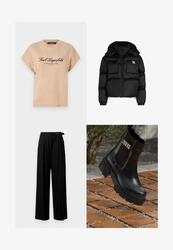 Zwarte puffer jacket met een hoge kraag, ritssluiting aan de voorkant, twee grote zakken aan de voorkant en elastische manchetten. Glad, glanzend materiaal met een kap.; Beige katoenen T-shirt met een ronde halslijn, korte mouwen en bedrukte zwarte tekst op de voorkant, met de merknaam en locatiegegevens.; Zwarte wijde broek met hoge taille, plooien aan de voorkant en een riem met een gesp. Gemaakt van glad, lichtgewicht stof.; Zwarte leren enkelboot met een chunky rubberen zool, elastische zijpanelen en een gouden accent met "GUESS" branding.