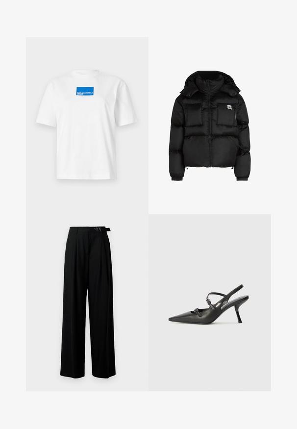 Svart pufferjakke med høy krage, glidelås foran, to store frontlommer og elastiske mansjetter. Glatt, blankt stoff med hette.; Hvit bomullst-skjorte med kort erme og rund hals. Sentrert blå rektangulær logo med teksten "KARL LAGERFELD JEANS".; Svarte vide bukser med høy livlinje, folder foran og belte med spenne. Laget av glatt, lett materiale.; Sorte skinn slingback-hæler med spiss tå, slank hæl og dekorativ spenne detalj på vampsiden. Glatt tekstur og stilrent design.