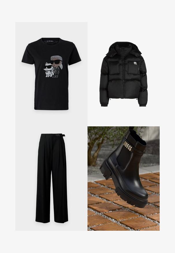 Must mustjakker, millel on kõrge krae, lukuga esiosa, kaks suurt eesmist taskut ja elastsed mansetid. Sile, läikiv kangas kapuutsiga.; Mustmust mustshirt, mille rhinestone graafikula isikust ja valgest kassist, kummalgi prillid peas. Ümmargune kaelus ja lühikesed varrukad.; Mustad kõrge vöökohaga mustad laiad püksid, millel on ees voldid ja vöö, millel on pandla. Valmistatud siledast ja kergest kangast.; Must musta saapad mustast nahast, millel on paks kummist tald, elastsed külgpaneelid ja kuldne aksent "GUESS" brändingu logoga.