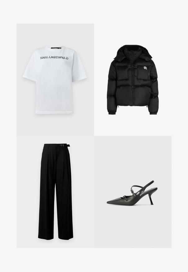 Melna pūķa jaka ar augstu apkakli, ar rāvējslēdzēju priekšpusē, divām lielām priekšējām kabatām un elastīgām aprocēm. Gluda, spīdīga auduma jaka ar kapuci.; Balts īsām piedurkņu T-krekls ar apaļu kakla izgriezumu un melnā raibā teksta logotipu pāri krūtīm, kas saka "KARL LAGERFELD."; Melni plaši bikses ar augsto jostasvītru, priekšā ar krokojiem un jostu ar sprādzi. Izgatavotas no gludas, vieglas auduma.; Melnas ādas slingback papēži ar norādītu purngalu, izsmalcinātu papēdi un dekoratīvu sprādzi uz priekšpuses. Gluda tekstūra un elegants dizains.