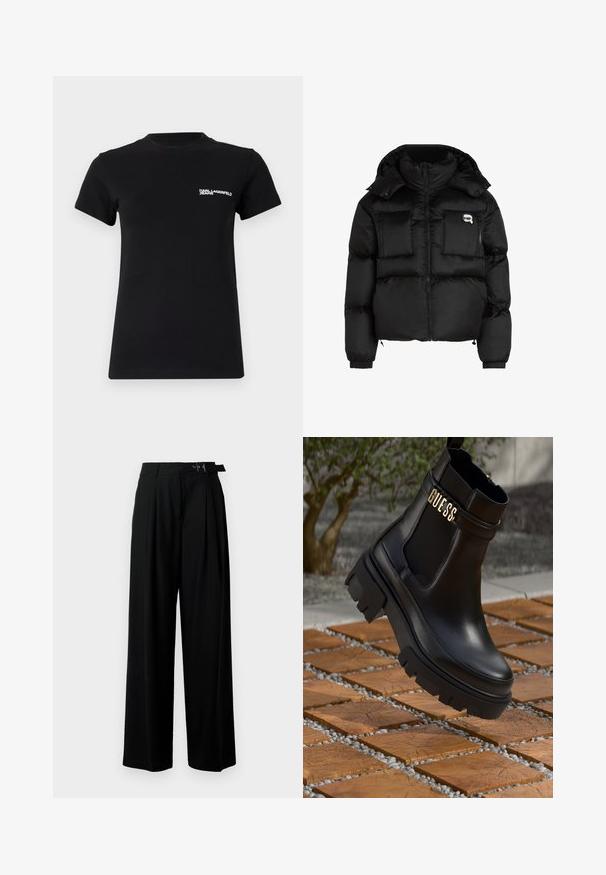 Črn puhovka z visokim ovratnikom, zadrgo spredaj, dvema velikima sprednjima žepoma in elastičnimi manšeti. Gladek, sijoč material s kapuco.; Črna majica iz bombaža; ima kratke rokave, okroglo ovratnico in belo logo na levi strani prsnega dela. Gladka tekstura.; Črne široke hlače z visokim pasom, gubami spredaj in pasom z zaponko. Narejene so iz gladkega, lahkega materiala.; Črne usnjene gležnarje z robustnim gumijastim podplatom, elastičnimi stranskimi ploščicami in zlatim poudarkom z znamko "GUESS".