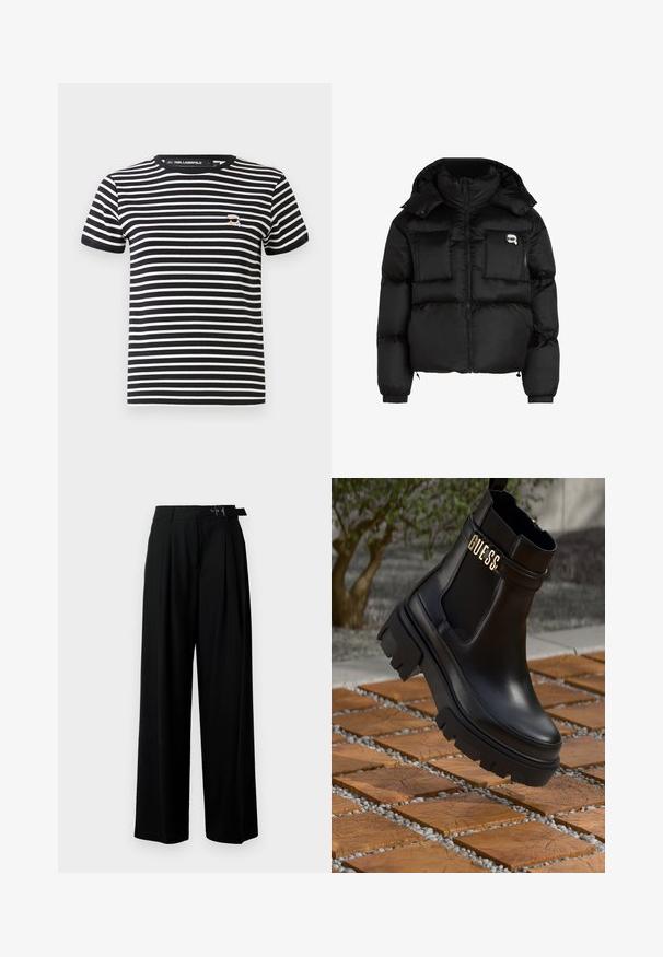 Černá péřová bunda s vysokým límcem, zapínáním na zip, dvěma velkými předními kapsami a elastickými manžetami. Hladká, lesklá látka s kapucí.; Černobílá horizontálně pruhovaná košile s krátkým rukávem se malým vyšitým obličejem s brýlemi na levé straně hrudi.; Černé široké kalhoty s vysokým pasem, záhyby vpředu a páskem s přezkou. Vyrobené z hladké, lehké tkaniny.; Černé kožené kotníkové boty s masivní gumovou podrážkou, elastickými bočními panely a zlatým akcentem s logem "GUESS".