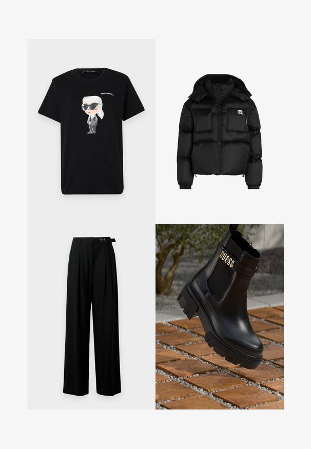 Črn puhovka z visokim ovratnikom, zadrgo spredaj, dvema velikima sprednjima žepoma in elastičnimi manšeti. Gladek, sijoč material s kapuco.; Črna bombažna majica s grafiko risanega junaka v sivi in beli barvi, ki nosi sončna očala in obleko, z napisom "KARL LAGERFELD" nad njim.; Črne široke hlače z visokim pasom, gubami spredaj in pasom z zaponko. Narejene so iz gladkega, lahkega materiala.; Črne usnjene gležnarje z robustnim gumijastim podplatom, elastičnimi stranskimi ploščicami in zlatim poudarkom z znamko "GUESS".
