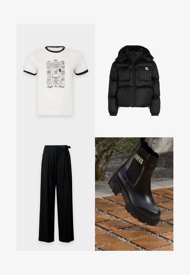 Musta pumpattu takki, jossa on korkea kaulus, vetoketjullinen etuosa, kaksi suurta etutaskua ja joustavat hihansuut. Sujuva, kiiltävä kangas huppuna.; Valkoinen puuvillapaita, jossa musta ribbikaulus ja hihansuut. Paidan etuosassa on piirretty kuva kahvilasta sekä teksti "Café de Kal" mustalla.; Mustat leveät housut korkealla vyötäröllä, etuosassa laskokset ja soljellinen vyö. Valmistettu sileästä ja kevyestä kankaasta.; Musta nahkasaapas nilkkapituisena, jossa on paksu kumipohja, joustavat sivupaneelit ja kultainen yksityiskohta "GUESS"-brändäyksellä.