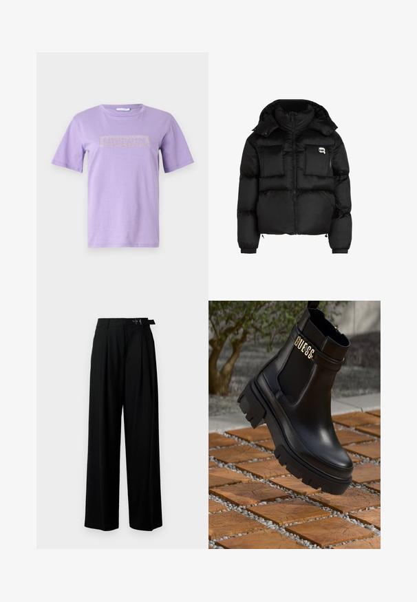 Jachetă puffer neagră, cu guler înalt, fermoar frontal, două buzunare mari în față și manșete elastice. Material neted și lucios, cu glugă.; Tricou lila dintr-un material moale, cu mâneci scurte. Partea din față prezintă un logo rectangular, decorat cu strasuri, într-o culoare contrastantă.; Pantaloni negri cu croi larg, talie înaltă, pliuri în față și un b μέρος cu cataramă. Confecționați dintr-un material neted și ușor.; Botine negre din piele, cu o talpă groasă din cauciuc, panouri laterale elastice și un accent auriu cu brandingul "GUESS".