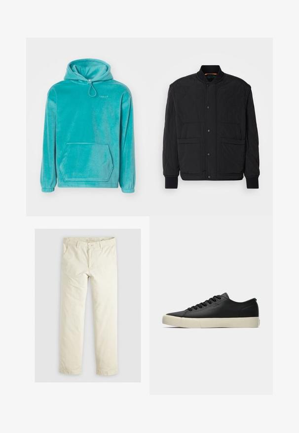 Mustmustärgiga tikitud jakk ribikrae, esine press-nööbiga kinnitamine ja kaks suurt taskut. Omab siledat tekstuuri ja polsterdatud disaini.; Türkiissinine kapuutsiga sviiter, millel on pehme tekstuur, ees kangaroopocket ja elastsed varrukad. Kaeluses on nöör.; Heledadbež püksid, millel on lõtv istuvus, kolm taskut, vöökohad ja sirge lõikega disain. Valmistatud pehmest puuvillasegust materjalist.; Madala must nahast sneaker mustade paelte ja kreemika kummitald. Külgvaade, kus on nähtav diskreetne "BOSS" brändingu logo.