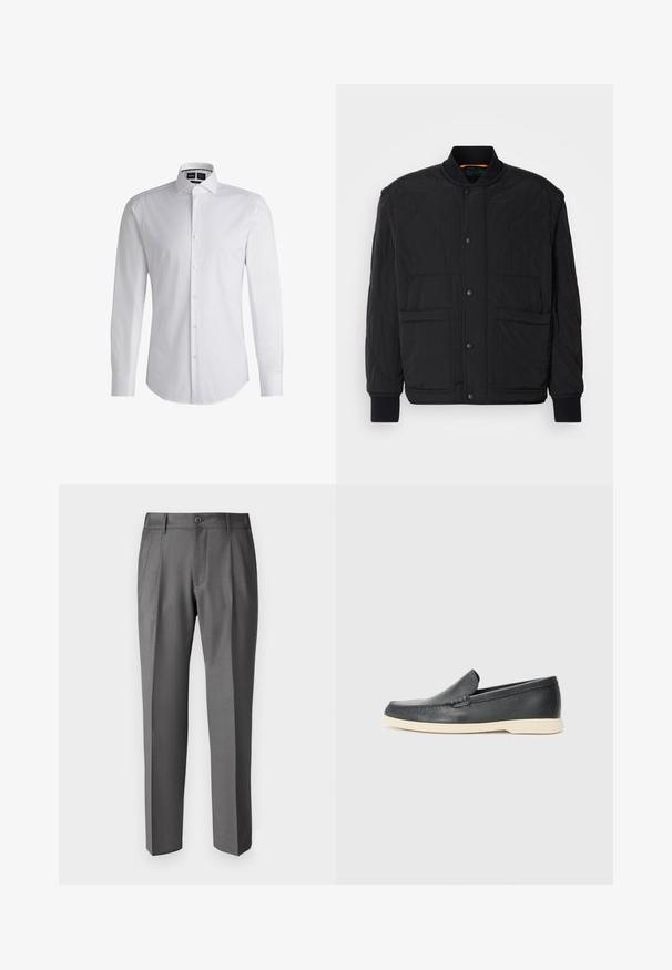Giacca nera trapuntata con colletto a coste, chiusura frontale a bottoni a pressione e due ampie tasche. Presenta una superficie liscia e un design imbottito.; Camicia bianca a maniche lunghe con colletto a punta, realizzata in tessuto liscio. Presenta un orlo curvo e bottoni perlacei lungo la parte anteriore.; DRYKORN LEEK - Pantaloni - grey; Mocassini neri in pelle con finitura testurizzata e suola in gomma beige a contrasto. Presentano un accento sottile lungo la parte anteriore.