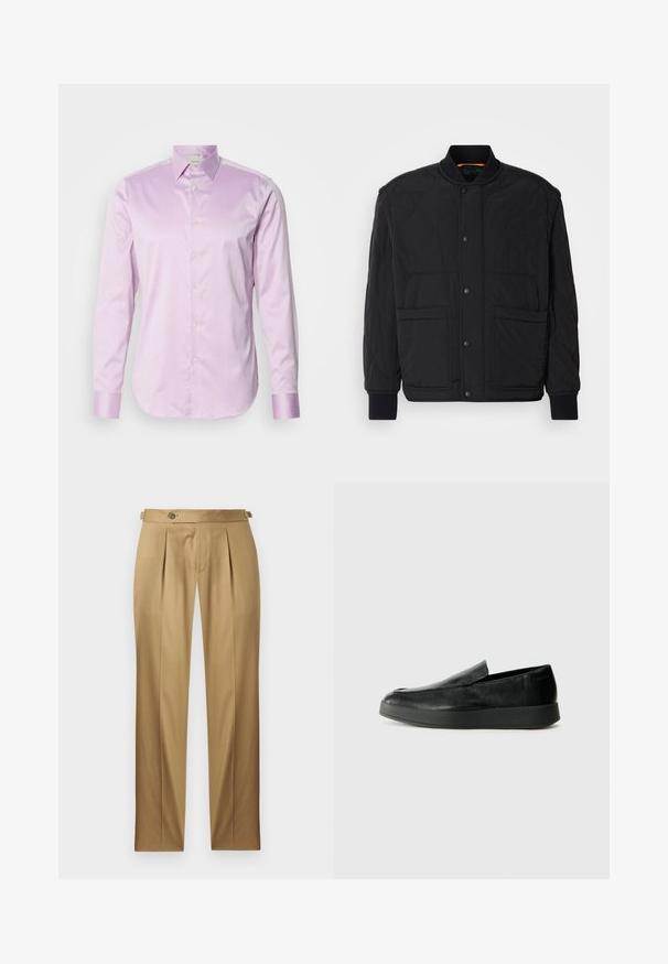 Czarna pikowana kurtka z prążkowanym kołnierzem, zapięciem na napy z przodu oraz dwiema dużymi kieszeniami. Posiada gładką teksturę i pikowaną formę.; Jasnofioletowa koszula z długim rękawem, wykonana z gładkiego materiału, z kołnierzykiem zapinanym na guziki, pełnym zapięciem z przodu oraz kontrastującymi błyszczącymi mankietami.; Beżowe spodnie o prostym kroju, z zakładkami, zapięciem na guzik i szlufkami na pasek. Gładka tkanina o czystym, dopasowanym wyglądzie.; Calvin Klein HYBRID CUP czarny