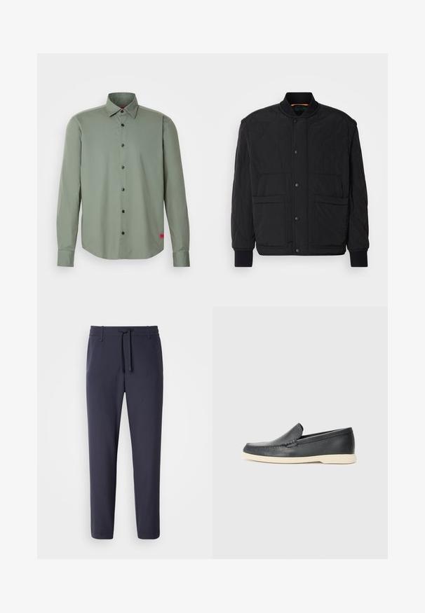 Jachetă neagră matlasată cu guler ribtit, închidere frontală cu capse și două buzunare mari. Dispune de o textură netedă și un design căptușit.; Cămașă cu nasturi de culoare verde măsliniu, fabricată dintr-un material neted. Are mâneci lungi, nasturi negri și o etichetă mică roșie accent pe tiv.; Pantaloni jogger navy cu talie elastică și șnur. Realizați dintr-un material neted, au picioare conice și nu au buzunare vizibile.; Pantofi loafers din piele neagră, cu un finisaj texturat și o talpă din cauciuc bej contrastantă. Au un accent subtil pe partea din față.