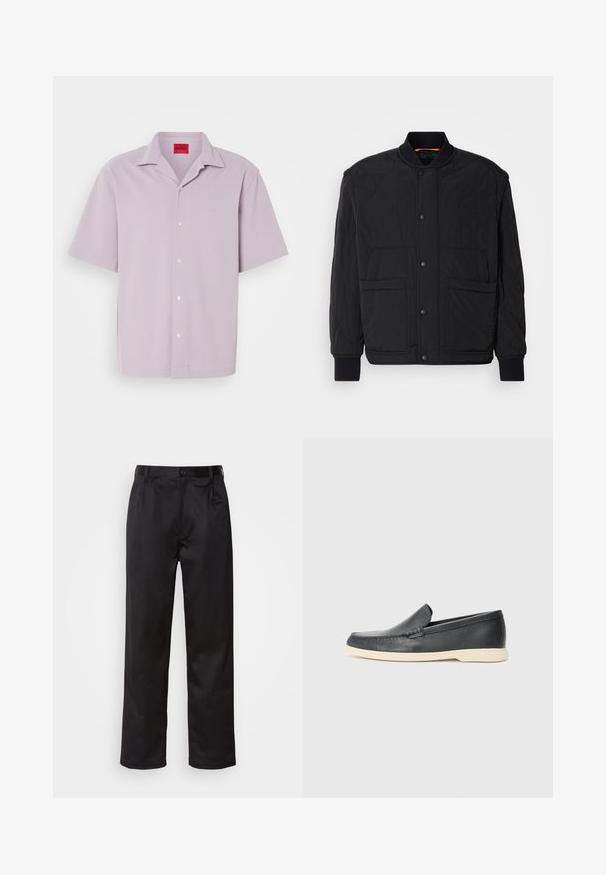 Chaqueta negra acolchada con cuello de canalé, cierre frontal con botones a presión y dos grandes bolsillos. Presenta una textura suave y un diseño acolchado.; Camisa de manga corta de color púrpura claro, hecha de una tela texturizada; presenta un cierre de botones en la parte frontal y un logotipo bordado en color a juego.; Pantalones negros de tela suave, con cierre delantero de botón, pliegues y patas rectas. Sin patrones ni acentos visibles.; Mocasines de piel negra sin cordones con un acabado texturizado y una suela de goma beige en contraste. Presentan un sutil acento en la parte frontal.