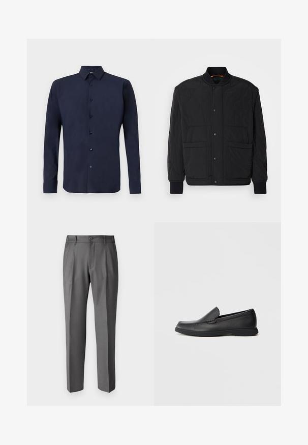 Zwarte gewatteerde jas met een geribbelde kraag, vooraan drukknopen en twee grote zakken. Beschikt over een gladde textuur en een gepolsterd ontwerp.; Marineblauw shirt met lange mouwen, gemaakt van een gladde stof, met een knoopsluiting aan de voorkant, een gestructureerde kraag en donkere knopen voor contrast.; DRYKORN LEEK - Broek - grey; Zwarte leren instaploafer met een textuur bovenwerk, ronde neus, lage hak en rubberen zool, weergegeven in zijprofiel op een witte achtergrond.