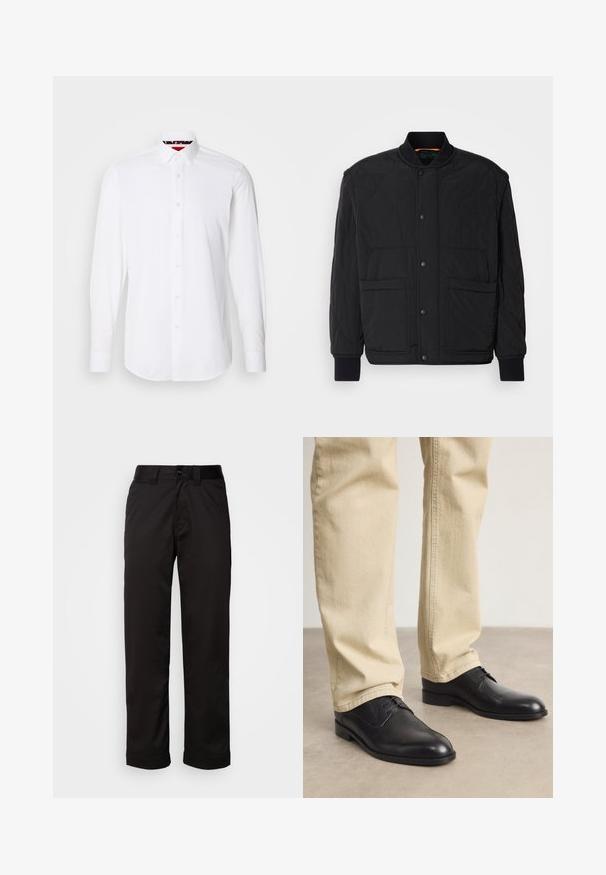 Black quilted jacket with a ribbed collar, front press-stud closure, and two large pockets. Features a smooth texture and padded design.; White long-sleeve button-up shirt made of smooth fabric, featuring a classic collar, pearl buttons, and contrasting inner collar detail.; Black trousers made of smooth fabric, featuring a zip fly, button closure, and rolled cuffs for a casual design.; Black leather lace-up shoes with a rounded toe, smooth finish, and subtle stitching details, worn with light beige pants.