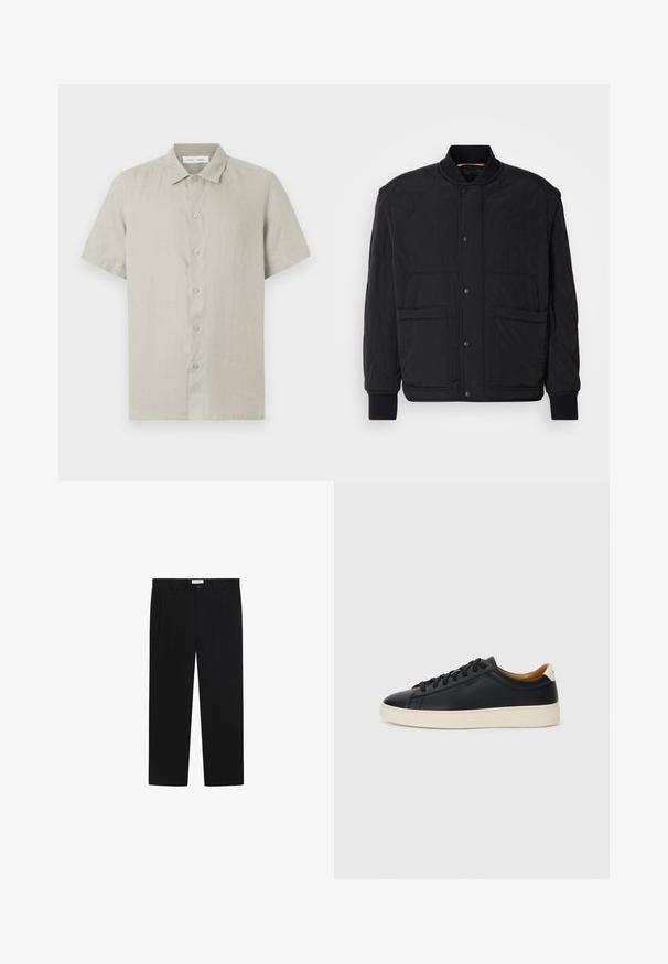 Giacca nera trapuntata con colletto a coste, chiusura frontale a bottoni a pressione e due ampie tasche. Presenta una superficie liscia e un design imbottito.; Camicia beige a maniche corte con bottoni e colletto, realizzata in tessuto leggero, vista frontale su sfondo bianco.; Pantaloni neri con design a gamba dritta, tasche frontali e chiusura con bottone. Realizzati in un tessuto liscio con una finitura elegante.; Sneakers in pelle nera con una texture liscia, suola in gomma beige, design con lacci e un accento del tacco in contrasto.